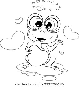 Coloring page. Cute frog in love with hearts