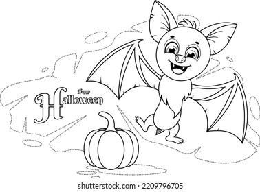 Coloring Page. Cute And Funny Bat And Halloween Pumpkin