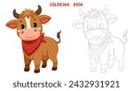 Coloring page of cute funny bull, happy little calf. Coloring book of cute farm animal isolated on white background. Flat vector illustration.