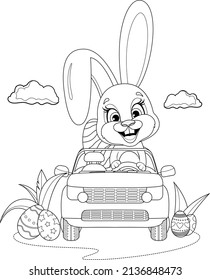 Coloring page. A cute and funny bunny with Easter eggs is driving a car