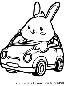 Coloring page. A cute and funny bunny with Easter eggs is driving a car.