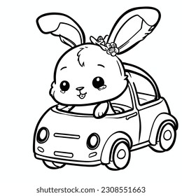 Coloring page. A cute and funny bunny with driving a car.
