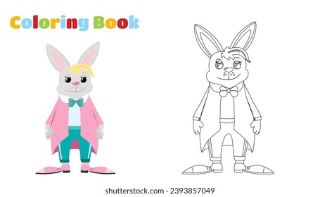 Coloring page. Cute and funny bunny. Vector illustration of cartoon character. Rabbit dressed in a jacket, pants and tie.