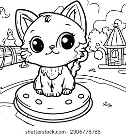 Coloring page. Cute and funny cartoon kitten.