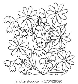 Coloring page with cute funny dog and wild flowers. Square version. Vector illustration with animals and nature for children's books.