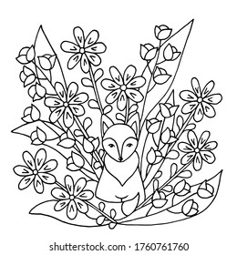 Coloring page with cute funny fox and wild flowers. Square version. Vector illustration with animals and nature for children's books.