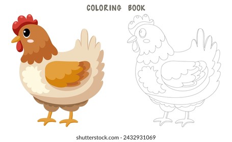 Coloring page of cute funny hen, happy little chicken. Coloring book of cute farm animal isolated on white background. Flat vector illustration.