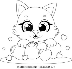 Coloring page. Cute and funny kitten with hearts