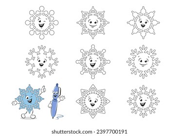Coloring page with cute and funny of snowflakes for children. Worksheet for practicing motor skills kids. Vector illustration

