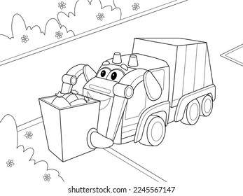 Coloring page of cute Garbage Truck cartoon character side view transportations for preschool kids activity educational worksheet.