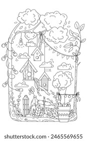 Coloring Page Cute Garden With Birdhouses Is Suitable For Both Adults And Children