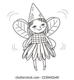 Coloring page with cute garden fairy. Outline vector illustration. Black and white illustration for a coloring  book.