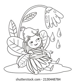 Coloring page with cute garden fairy. Outline vector illustration. Black and white illustration for a coloring  book.