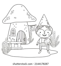 Coloring page with cute garden gnome and mushroom. Outline vector illustration. Black and white illustration for a coloring  book.