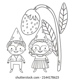 Coloring page with cute garden gnome and strawberry. Outline vector illustration. Black and white illustration for a coloring  book.