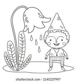 Coloring page with cute garden gnome and flower. Outline vector illustration. Black and white illustration for a coloring  book.
