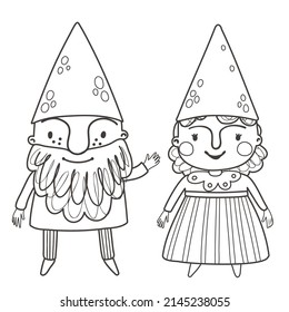 Coloring page with cute garden gnome. Outline vector illustration. Black and white illustration for a coloring  book.