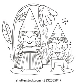 Coloring page with cute garden gnomes. Outline vector illustration. Black and white illustration for a coloring  book.