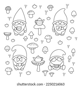 Coloring page with cute garden gnomes, tea cups and pots. Hand drawn mushrooms. Cartoon characters. Outline gnomes. Vector illustration for coloring book.