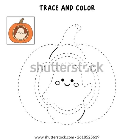 Coloring page cute ghost peeking out from inside a hollowed-out pumpkin. Trace and color cute Jack o lantern pumpkin. Fun Halloween activity for kids. Printable halloween worksheet for kids.