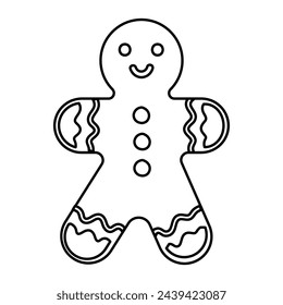 Coloring page with a cute gingerbread man cookie. Black and white Christmas biscuits. Isolated on white.