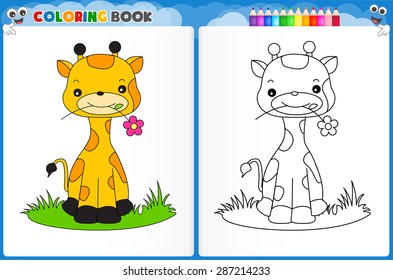 Coloring page cute giraffe with colorful sample printable worksheet for preschool / kindergarten kids to improve basic coloring skills