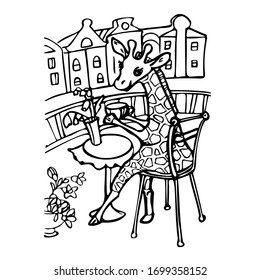 Coloring page. Cute giraffe with a cup of tea in a cafe. Vector illustration.