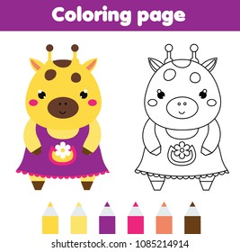 Coloring page with cute giraffe. Drawing kids activity. Printable worksheet for toddlers