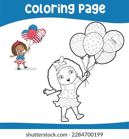 Coloring page a cute girl holding balloons with American flag designs. Vector file.