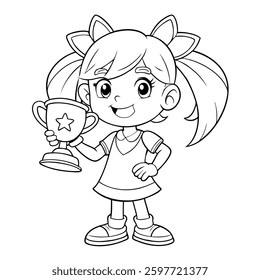 Coloring Page Cute Girl Holding Trophy Cartoon Outline Illustration
