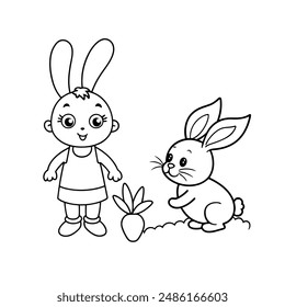 coloring page a cute girl and a rabbit cartoon black and white vector illustration in a cartoon style