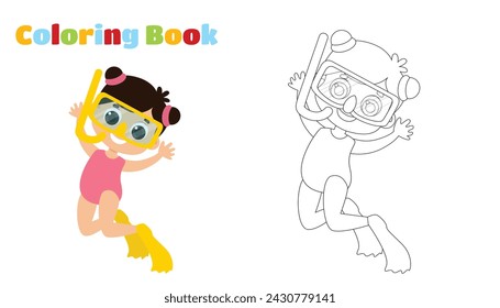 Coloring page. A cute girl in a swimsuit, fins and an underwater mask swims underwater. Child diver in cartoon style.