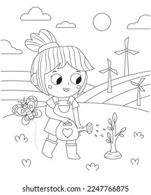 Coloring page with cute girl and tree. Kawaii cartoon characters. Girl watering tree. Earth day. Save the planet. Coloring book. Farm landscape background. Outline vector illustration.