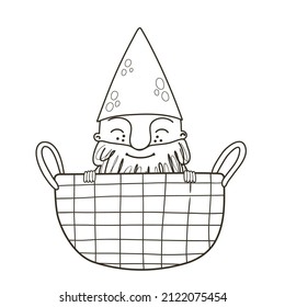 Coloring page with a cute gnome in the basket. Outline vector autumn illustration. Black and white illustration for a coloring book.