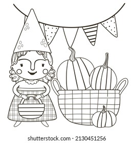 Coloring page with a cute gnome, basket, pumpkin. Outline vector autumn illustration. Black and white illustration for a coloring book.