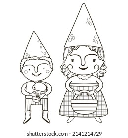 Colorear la página con un lindo gnomo y niño. Ilustración de otoño del vector de contorno. Ilustración en blanco y negro para un libro de colorear.
