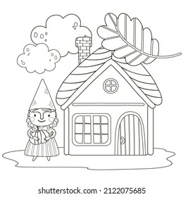 Coloring page with a cute gnome, house and cloud. Outline vector autumn illustration. Black and white illustration for a coloring book.