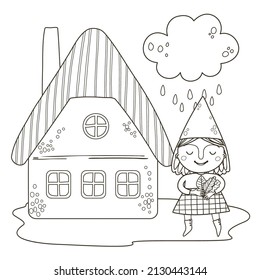 Coloring page with a cute gnome, house and cloud. Outline vector autumn illustration. Black and white illustration for a coloring book.
