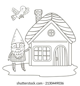 Coloring page with a cute gnome, house and bird. Outline vector autumn illustration. Black and white illustration for a coloring book.