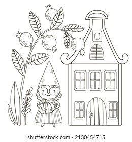 Coloring page with a cute gnome, house and berries. Outline vector autumn illustration. Black and white illustration for a coloring book.