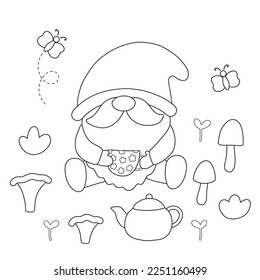 Coloring page with cute gnome, tea cup, forest plants and butterfly. Hand drawn mushrooms. Doodle cartoon style. Black and white vector illustration.