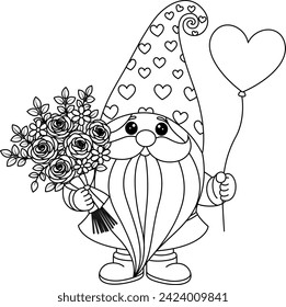 Coloring page of cute gome with flowers. Valentine illustration coloring book