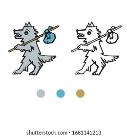Coloring page. A cute gray wolf carries a bundle of things on a stick. Set of vector illustrations in cartoon style. Isolated on a white background.