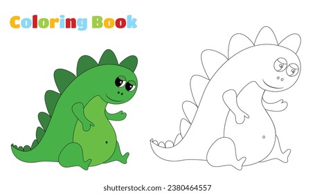Coloring page. Cute  green  cartoon dinosaur.