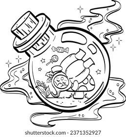 A coloring page of a cute halloween pumpkin costume character sleeping soundly inside a potion bottle