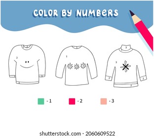 Coloring page with cute handdrawn sweaters. Color by numbers. Educational kids game, drawing childrens activity, printable worksheet.