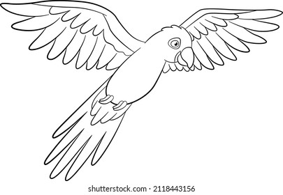 Coloring page. Cute happe parrot blue macaw flies and smiles.