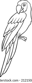 Coloring page. Cute happy parrot red macaw sits and smiles.