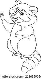 Coloring page. Cute happy raccoon stands and waves.