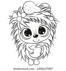 Coloring Page Cute Hedgehog with fruits isolated on a white background